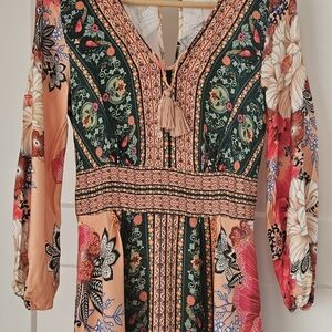Anthropologie Floral Paisley Mini Dress in Green and Peach